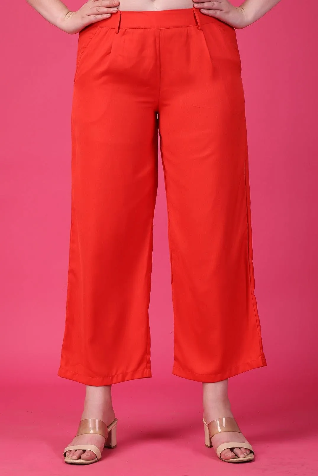 Red Solid Wide Leg Pants