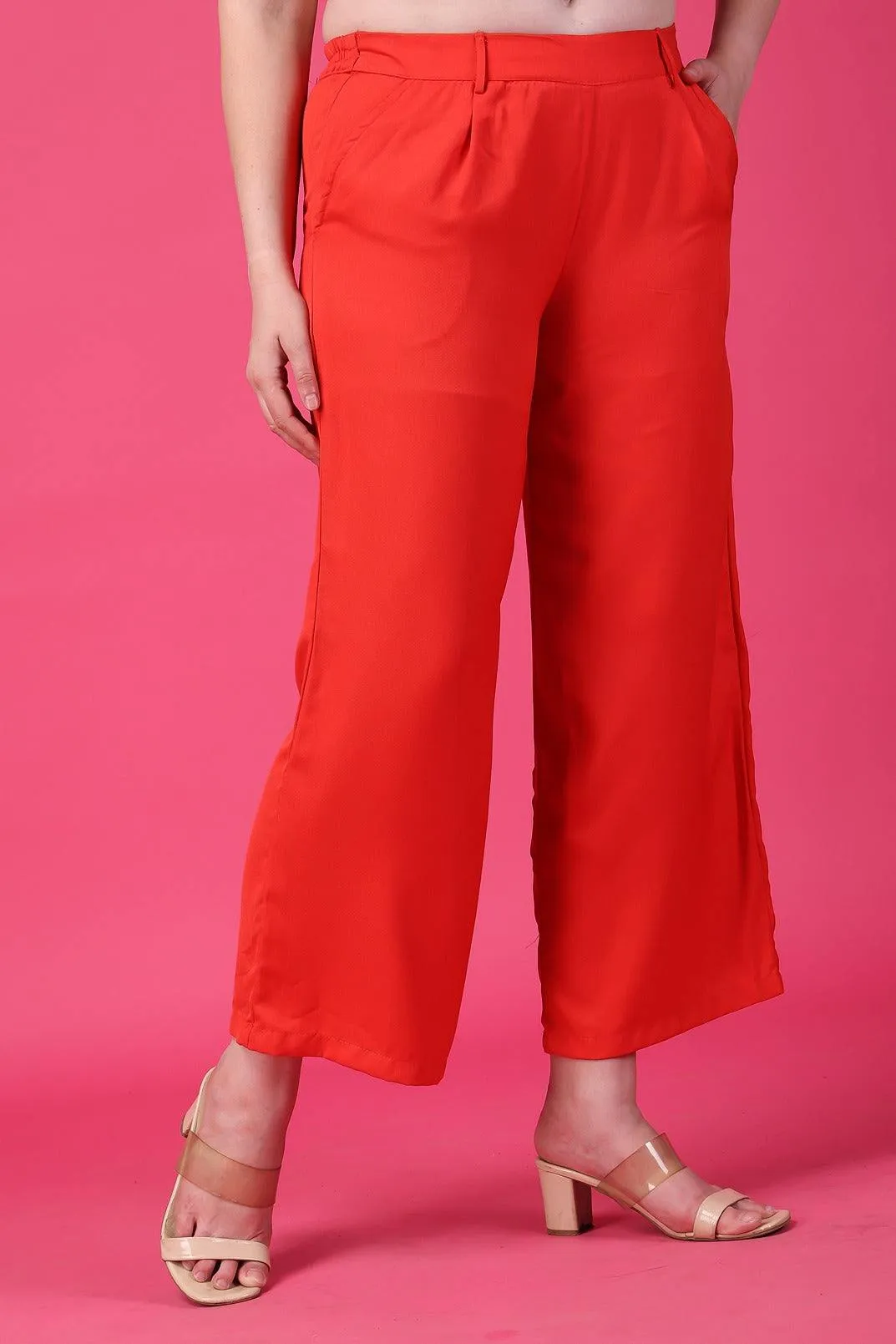 Red Solid Wide Leg Pants