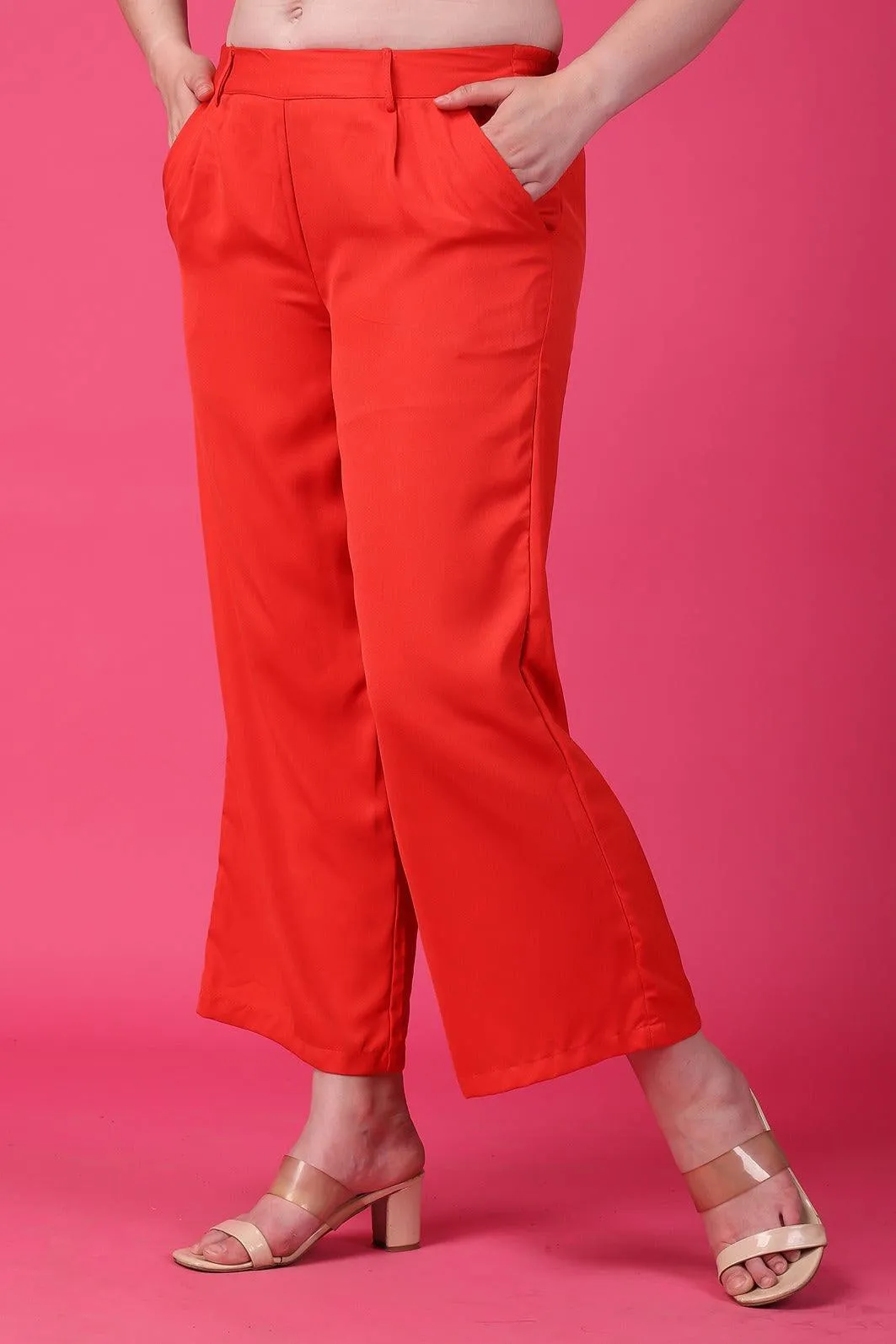 Red Solid Wide Leg Pants