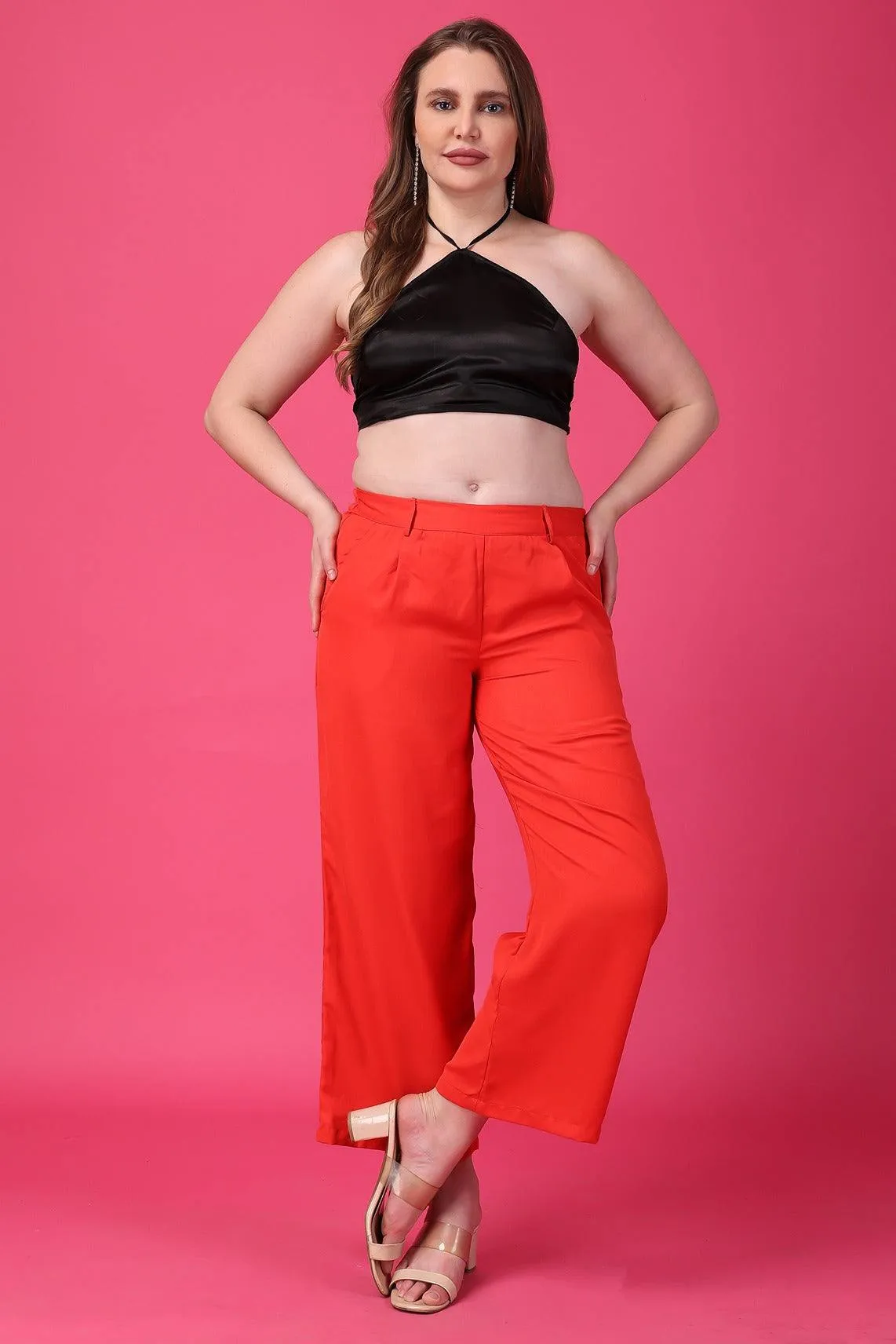 Red Solid Wide Leg Pants