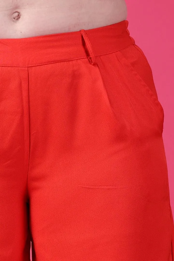 Red Solid Wide Leg Pants