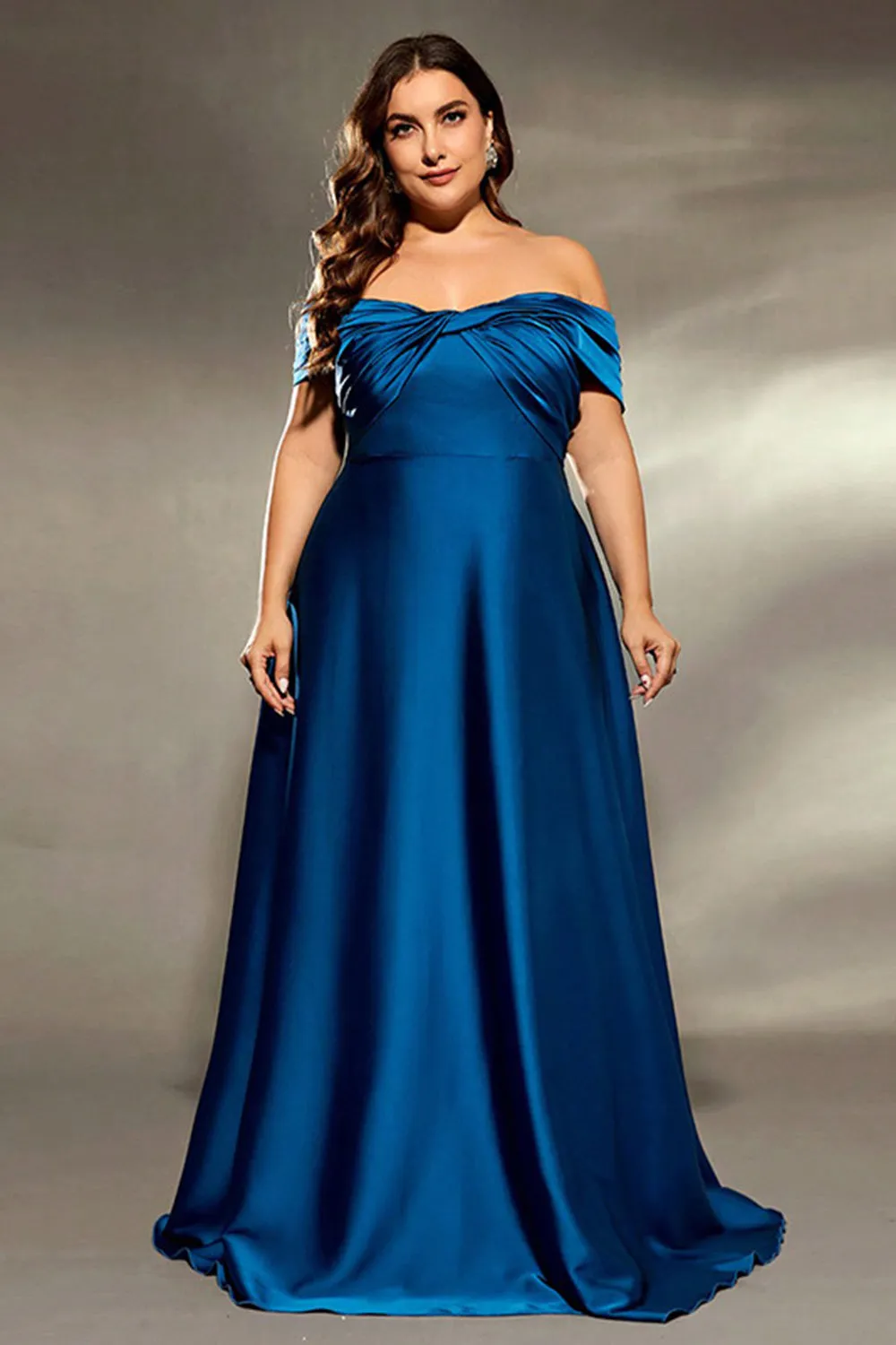 Royal Blue Plus Size Off the Shoulder Satin A Line Maxi Dress