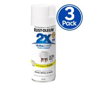 RUST-OLEUM 2X Ultra Cover Matt Paint & Primer Spray Paint 340g White x 3 Pack