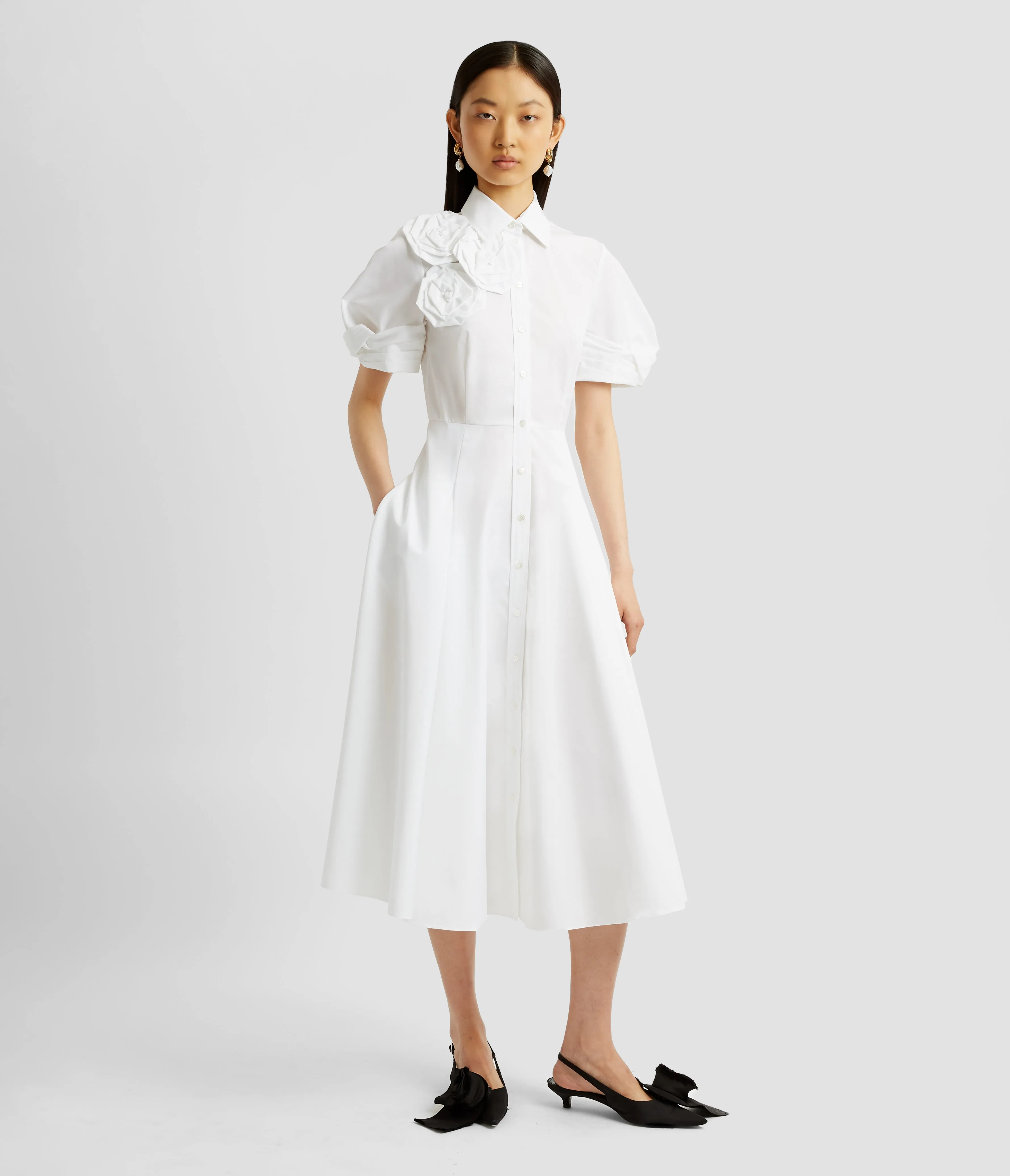 Short Sleeve Midi Shirt Dress With Rosettes