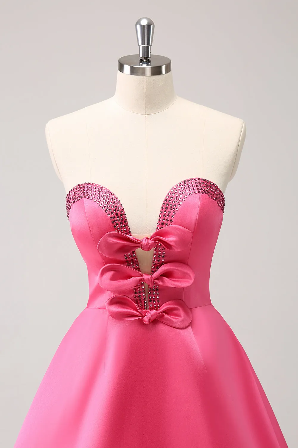 Sparkly Fuchsia A Line Beaded Strapless Mini Dress with Bows