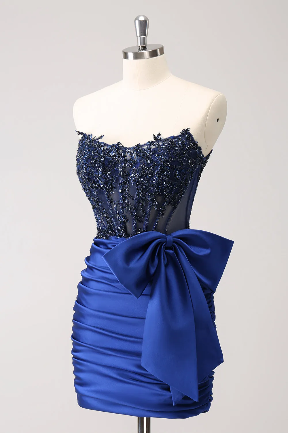 Sparkly Navy Strapless Beaded Appliques Tight Mini Dress