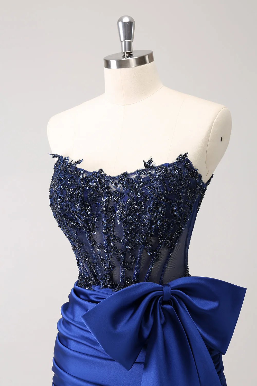 Sparkly Navy Strapless Beaded Appliques Tight Mini Dress