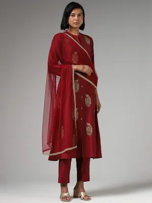 Vark Zari Embroidered Maroon Kurta with Pants & Dupatta