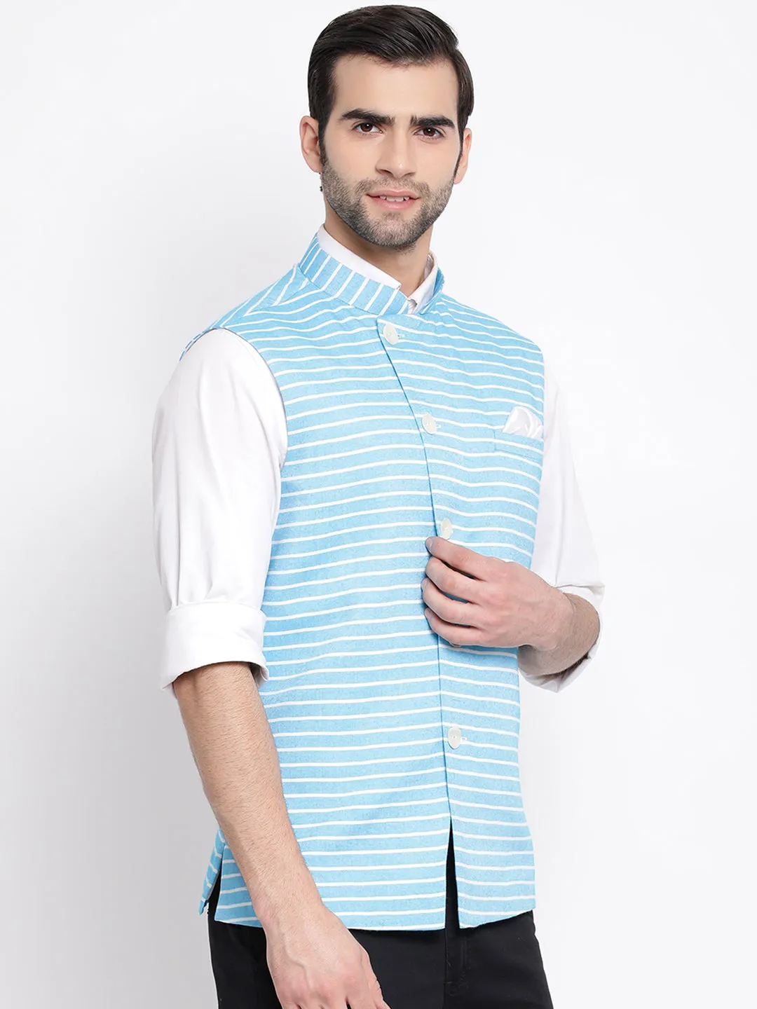 VASTRAMAY Blue Stripe Nehru Jacket