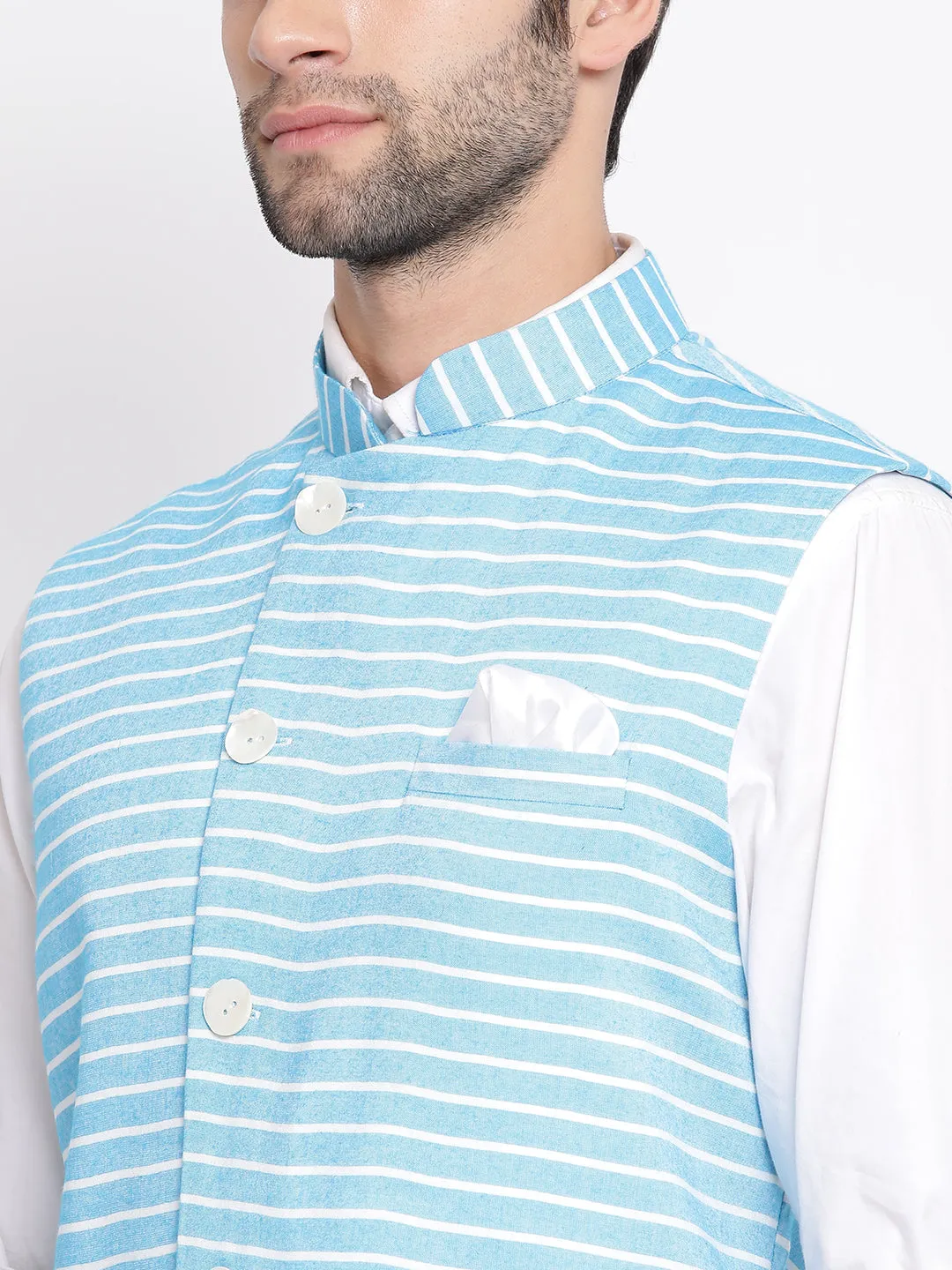 VASTRAMAY Blue Stripe Nehru Jacket