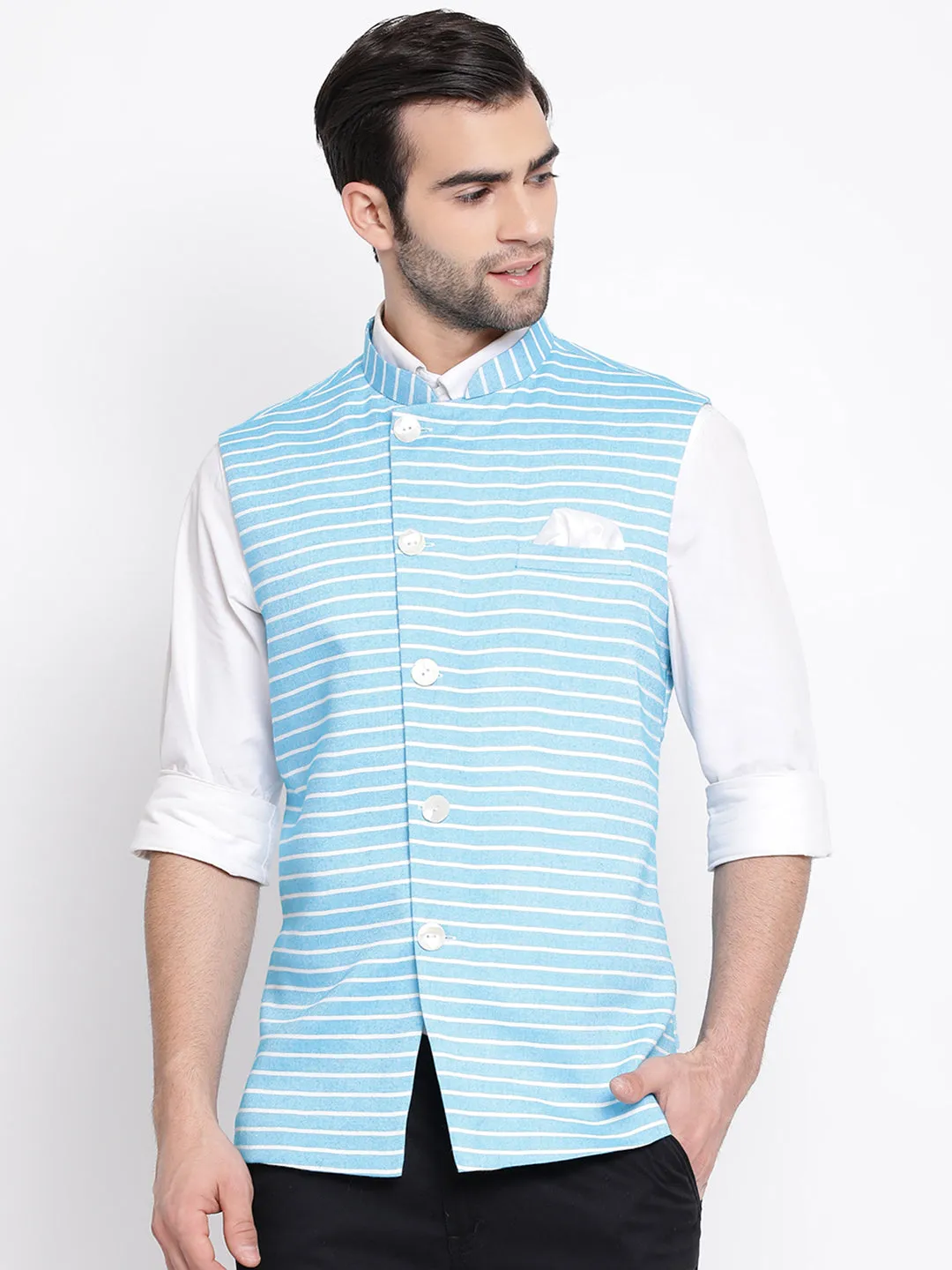 VASTRAMAY Blue Stripe Nehru Jacket