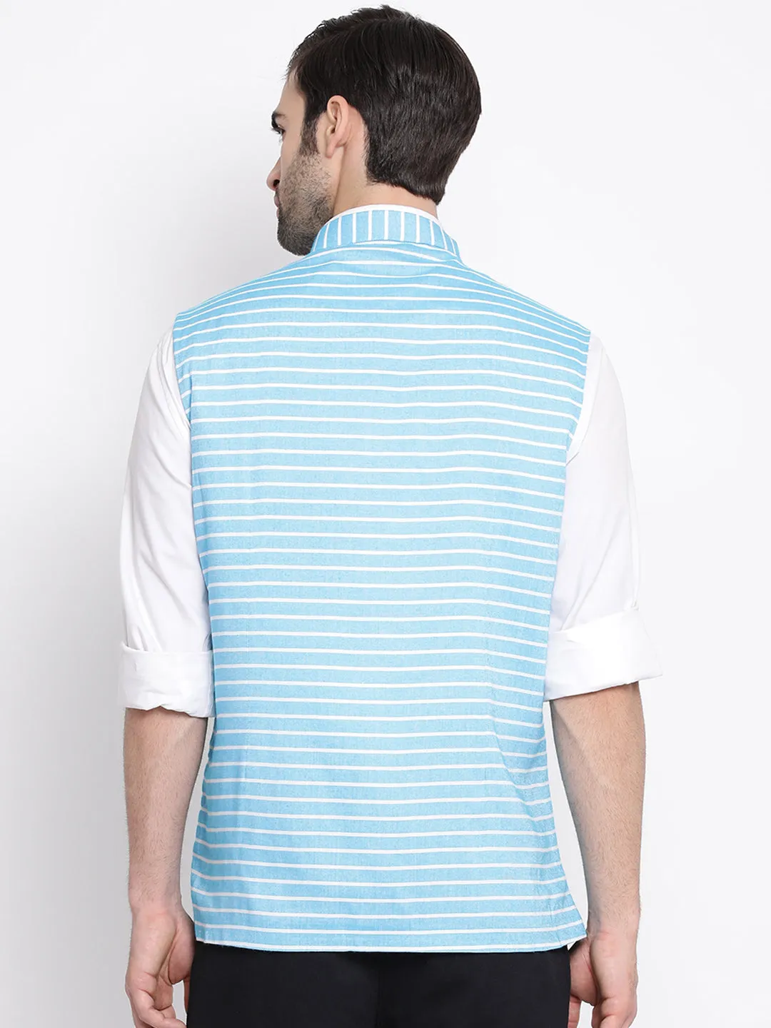 VASTRAMAY Blue Stripe Nehru Jacket