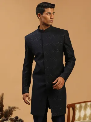 Vastramay Navy Blue Glitter Sherwani Top