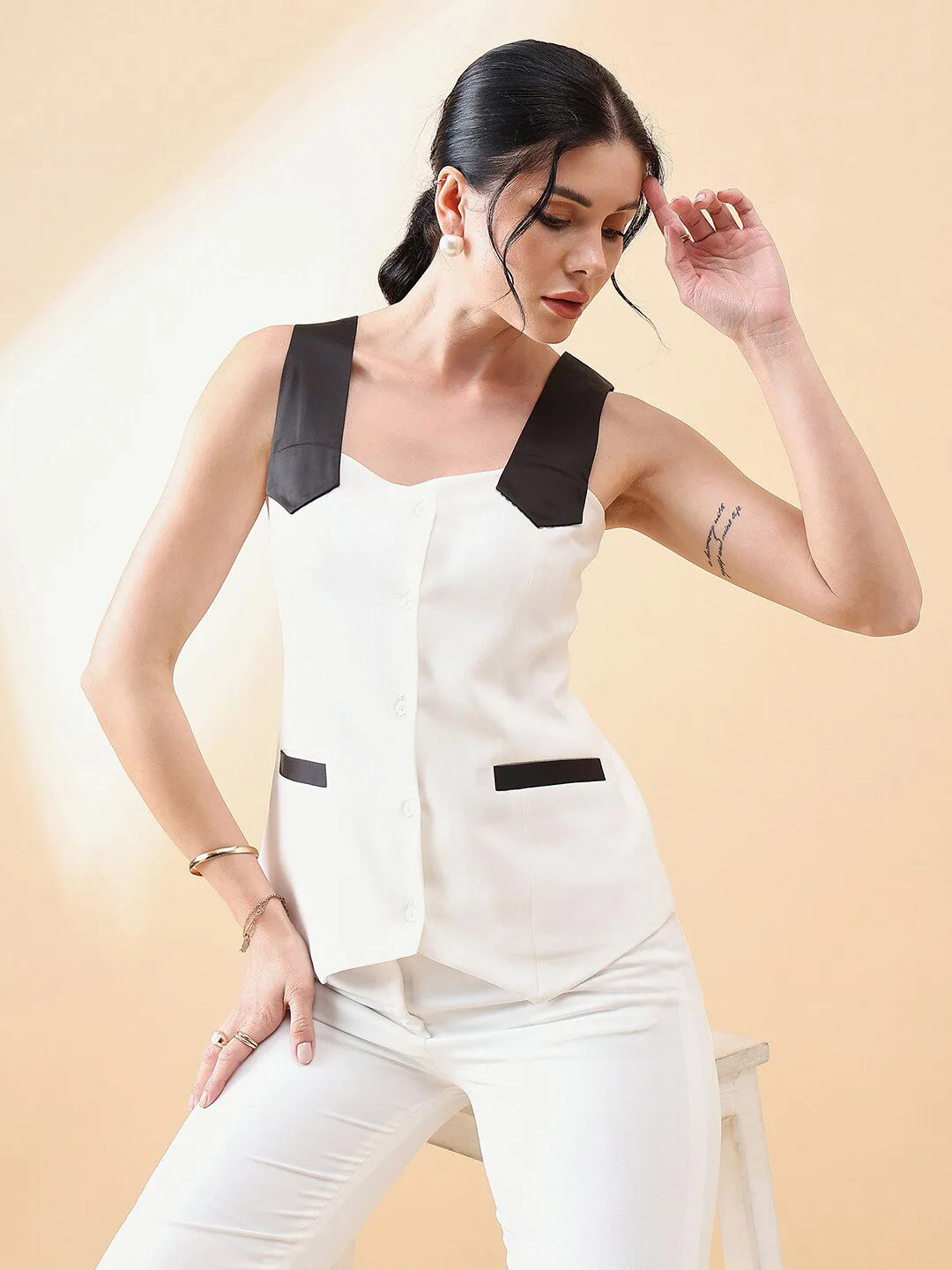 Waist Coat Top - White & Black