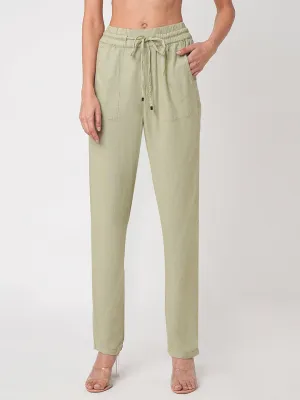 Women Light Olive High-Rise Paper Bag Pants