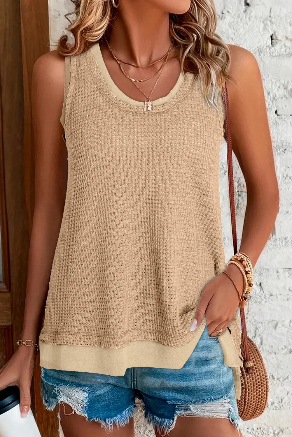 Women Waffle Knit Tank Top Oversized Scoop Neck Sleeveless Tops