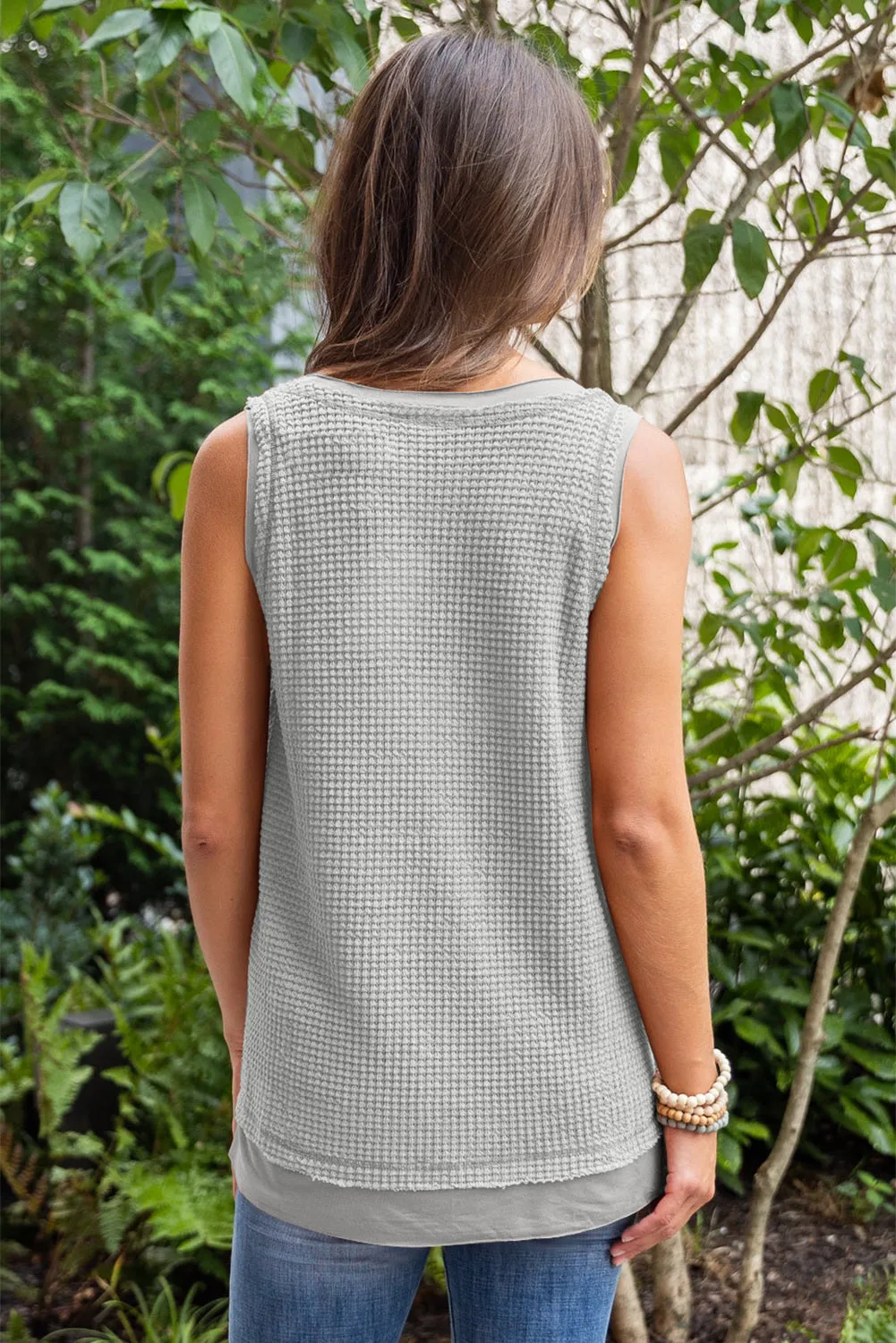 Women Waffle Knit Tank Top Oversized Scoop Neck Sleeveless Tops