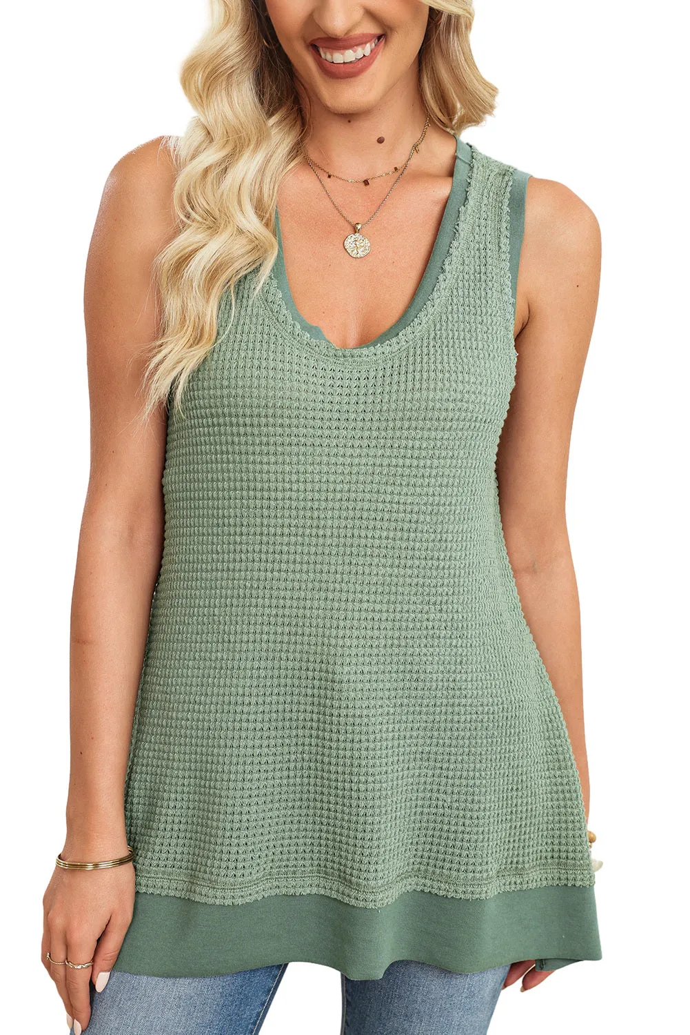 Women Waffle Knit Tank Top Oversized Scoop Neck Sleeveless Tops