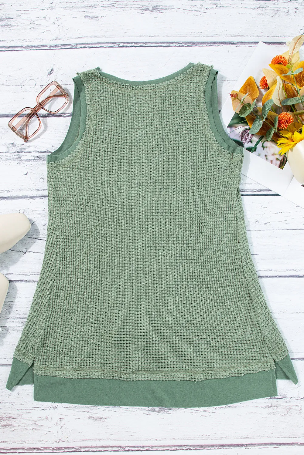 Women Waffle Knit Tank Top Oversized Scoop Neck Sleeveless Tops