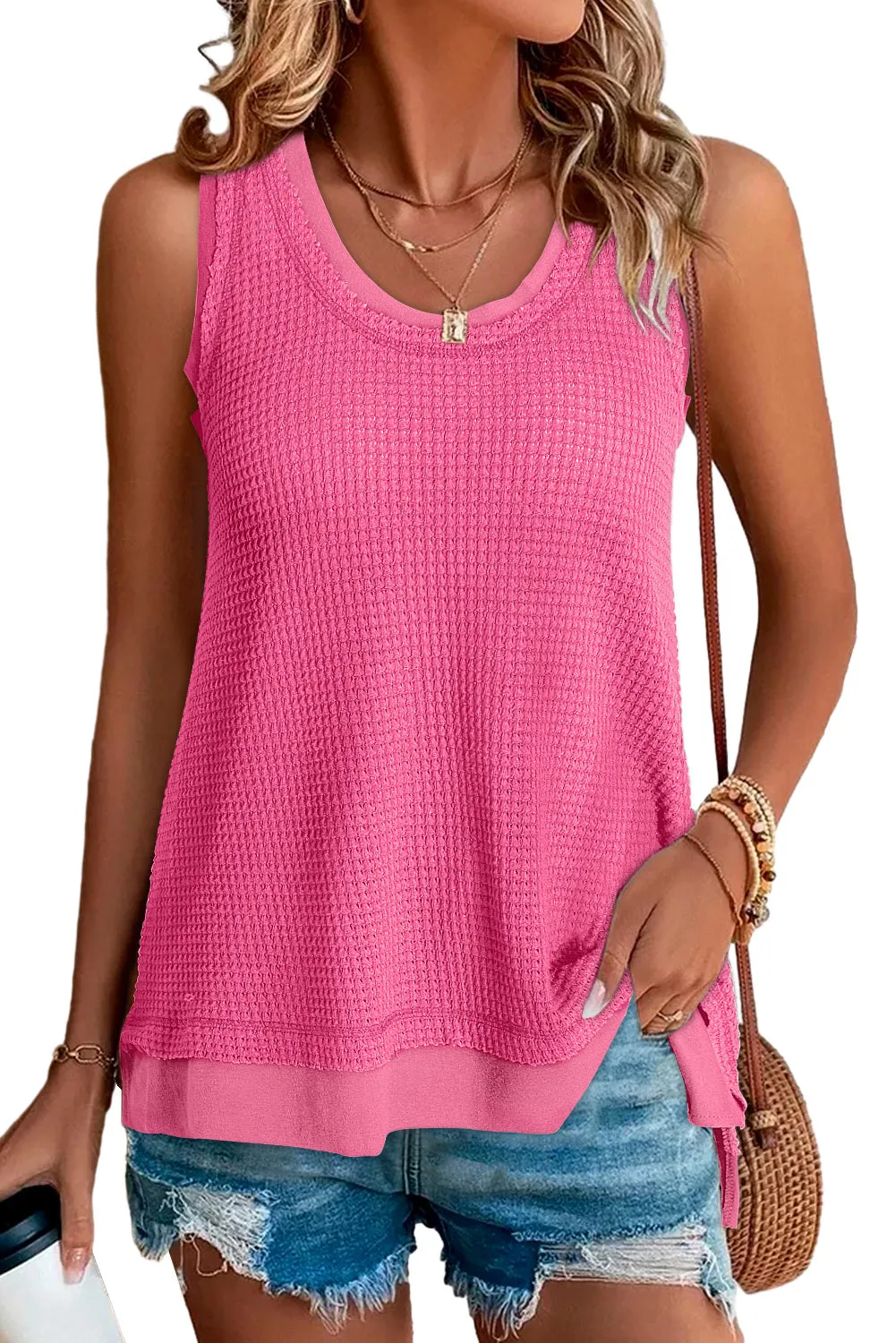 Women Waffle Knit Tank Top Oversized Scoop Neck Sleeveless Tops