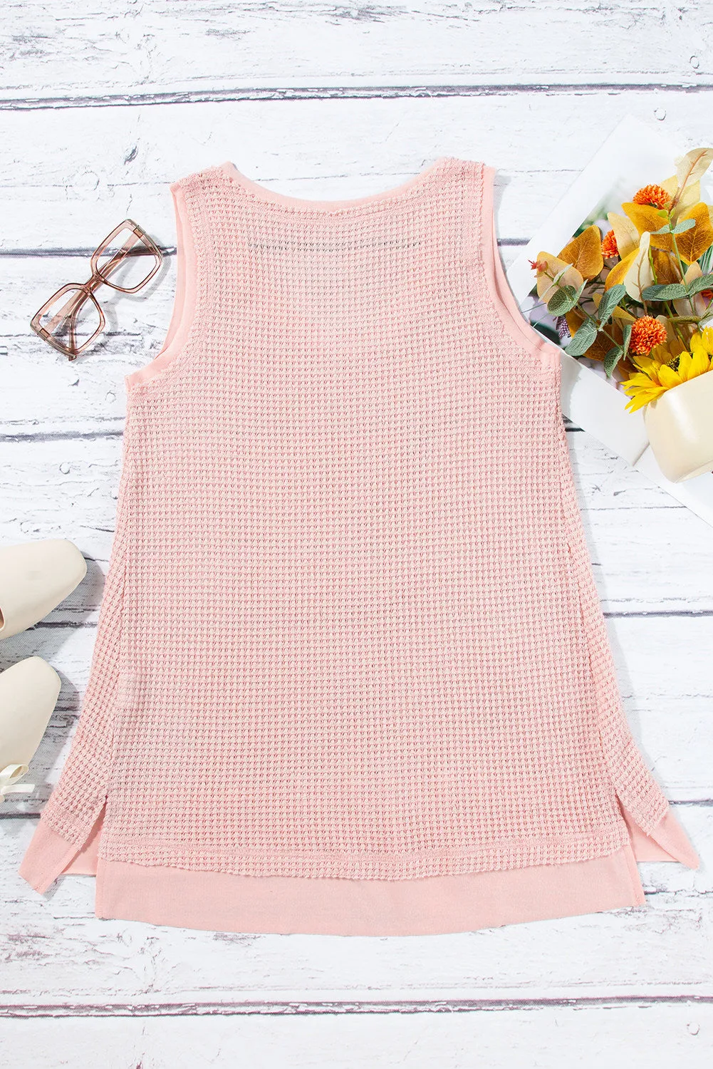 Women Waffle Knit Tank Top Oversized Scoop Neck Sleeveless Tops