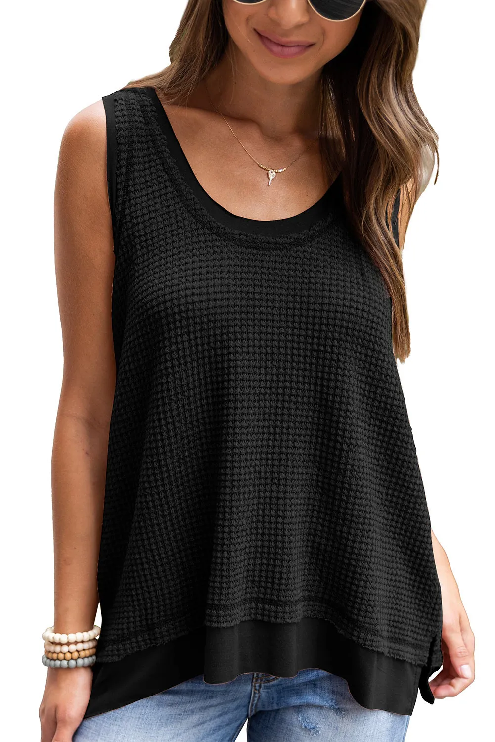 Women Waffle Knit Tank Top Oversized Scoop Neck Sleeveless Tops