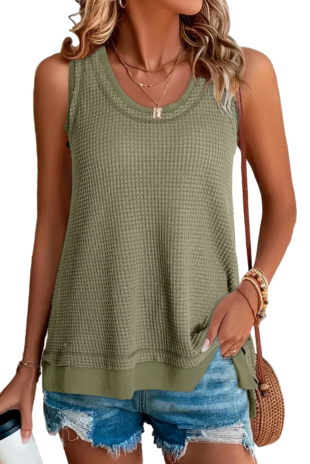 Women Waffle Knit Tank Top Oversized Scoop Neck Sleeveless Tops