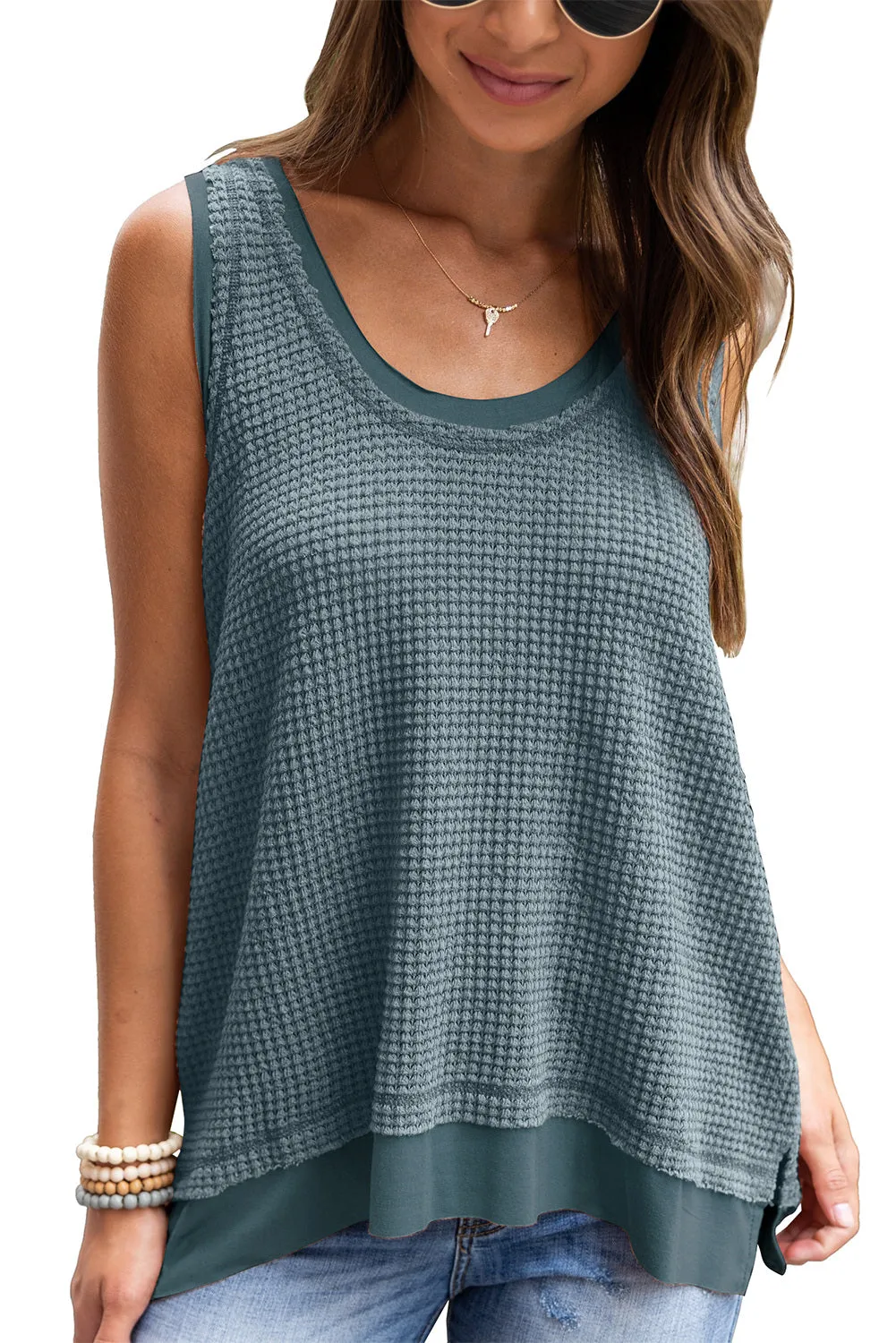 Women Waffle Knit Tank Top Oversized Scoop Neck Sleeveless Tops