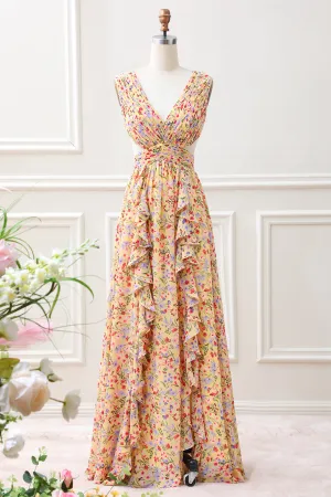 Yellow Small Flower A Line V Neck Pleated Ruffles Maxi Dress with Slit