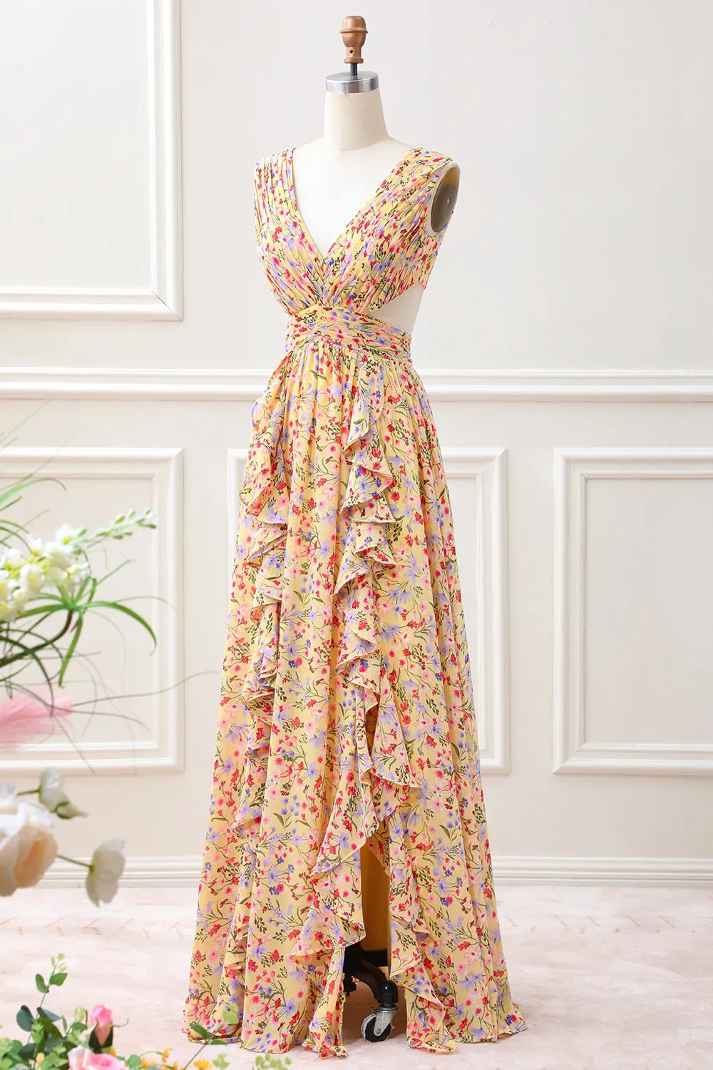 Yellow Small Flower A Line V Neck Pleated Ruffles Maxi Dress with Slit