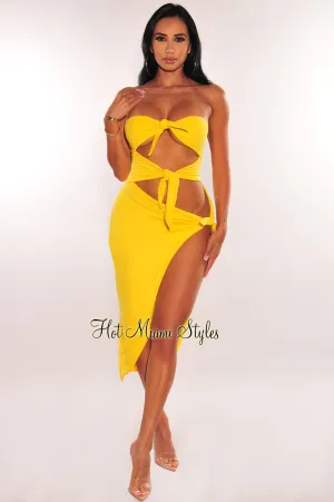 Yellow Strapless Tie Up Cut Out Slit Midi Dress